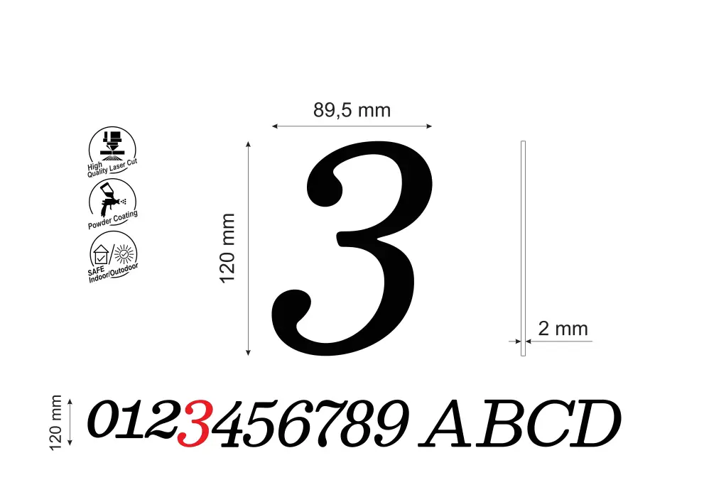 Numar pentru casa/poarta casa cifra 3, inaltime 120 mm, model Normal Italic