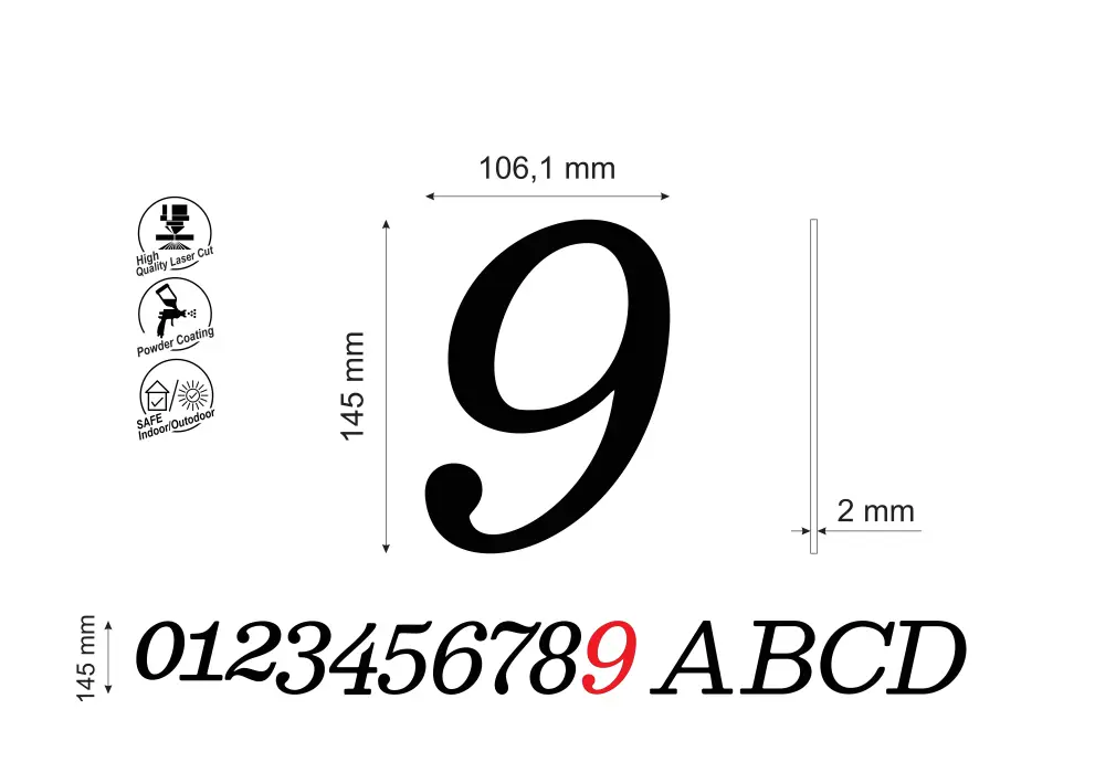 Numar pentru casa/cladiri cifra 9, inaltime 145 mm, model Normal Italic