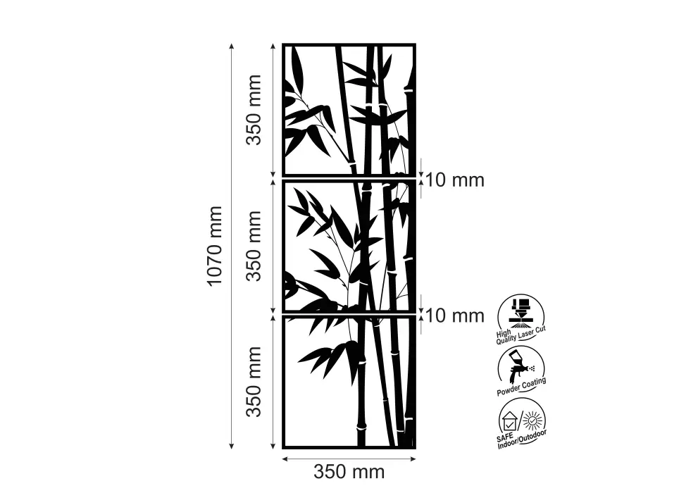 Set decoratiuni perete metal bambus - 3 cadre individuale