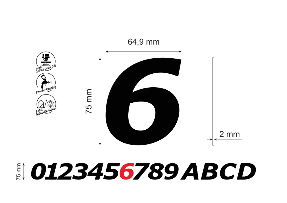 Numar pentru usa apartament cifra 6, inaltime 75 mm, model Bold Italic