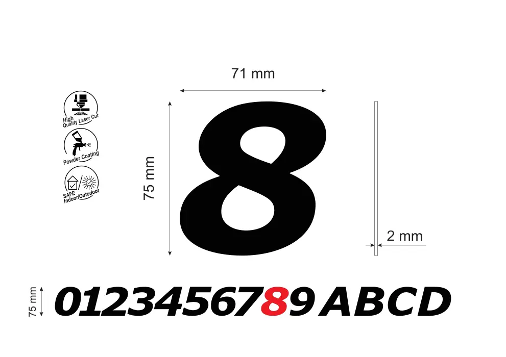 Numar pentru usa apartament cifra 8, inaltime 75 mm, model Bold Italic