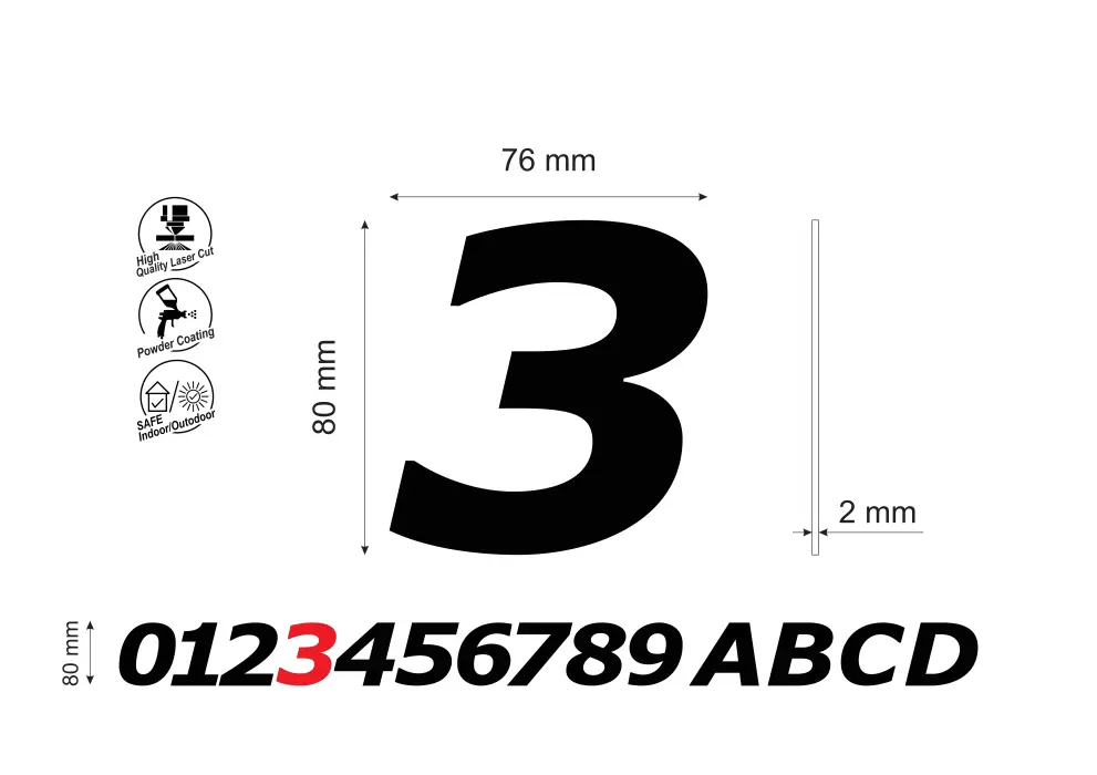 Numar pentru usa apartament cifra 3, inaltime 80 mm, model Bold Italic