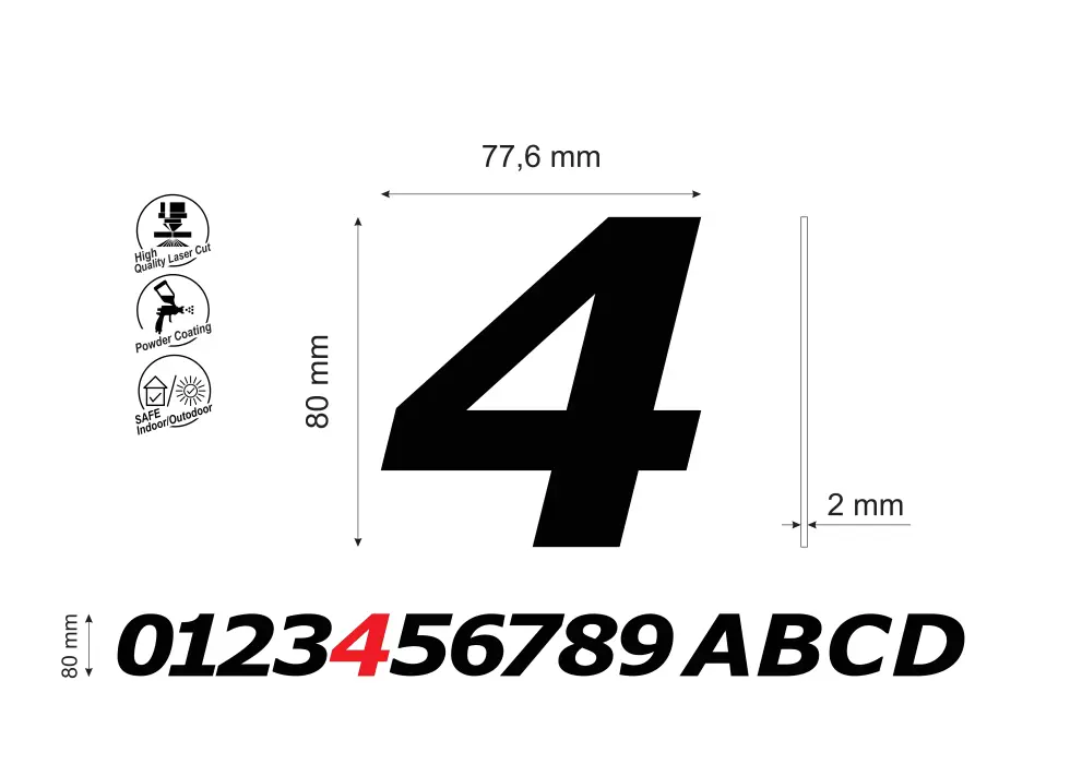 Numar pentru usa apartament cifra 4, inaltime 80 mm, model Bold Italic