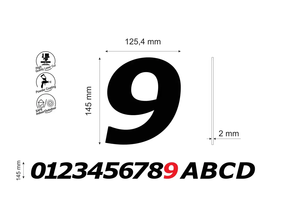 Numar pentru casa/cladiri cifra 9, inaltime 145 mm, model Bold Italic