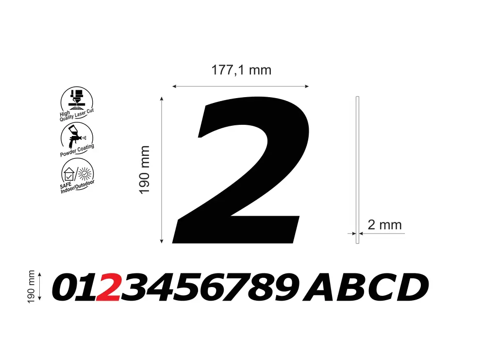 Numar pentru casa/cladiri cifra 2, inaltime 190 mm, model Bold Italic